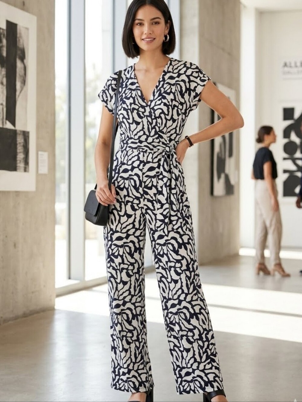 Monteau Los Angeles Black & White Patterned Wrap Jumpsuit Sz M